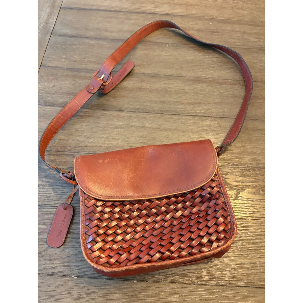 Etienne Aigner Woven Leather Crossbody Bag  Medium Brown Vintage Saddle Bag